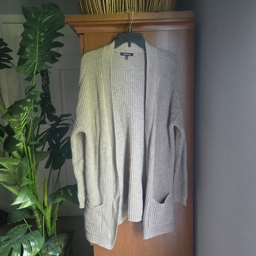 Relativity Oatmeal Cardigan Sweater Open Front With Lace Up Sides.
